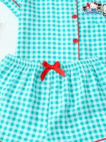 SANRIO Bộ đồ ngủ 3 món  màu xanh dương và trắng kẻ caro, áo polo tay ngắn cài nút có túi và quần/quần short thắt nơ, thích hợp mặc ở nhà, mùa xuân/hè. - màu xanh lá - Xem 6