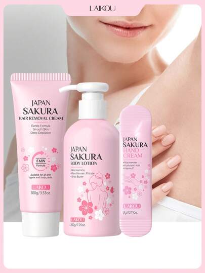  1 Set Efecto Hidratante Kit de Cuidado Corporal LAIKOU Sakura, (Loción Corporal Sakura 200g + Crema de Manos Sakura 3g + Crema Depilatoria Sakura 100g) para Viaje, Camping, Senderismo, Escalada, Actividades al Aire Libre para Mujeres, Mamá, Esposa, Hermana, Adolescente, Novia Cuidado Personal