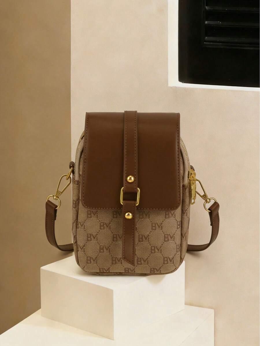 Bolso cruzado multifuncional, diseño de múltiples bolsillos con bolsillo para teléfono y orificio para auriculares, decoración de perlas falsas, bolso cruzado monedero con patrón de rombos acolchados, bolso de hombro para mujer - Caqui - Ver 1
