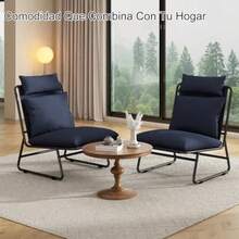 Sillón Individual para SalaSilla Lounge Cómoda sin Brazos con Cojines Gruesos y Reposacabezas Estructura Metálica Estable Ideal para Espacios Pequeños Dormitorio Estudio Azul - Marino - Ver 6