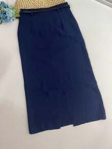 Midi Skirt With Belt High Waist Slit - Navy Blue - View 4