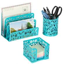 EasyPAG Carved Hollow Flower Pattern in 1 Desk Organizer Executive Office - Letter Sorter Holder Pen Holder and Stick Note Holder - Verde azulado oscuro - Ver 2