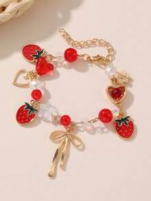1pc Fashionable Sweet Cute Summer Fruit Cherry Strawberry Heart Bow Floral Element Girl Bracelet - Multicolor - View 7