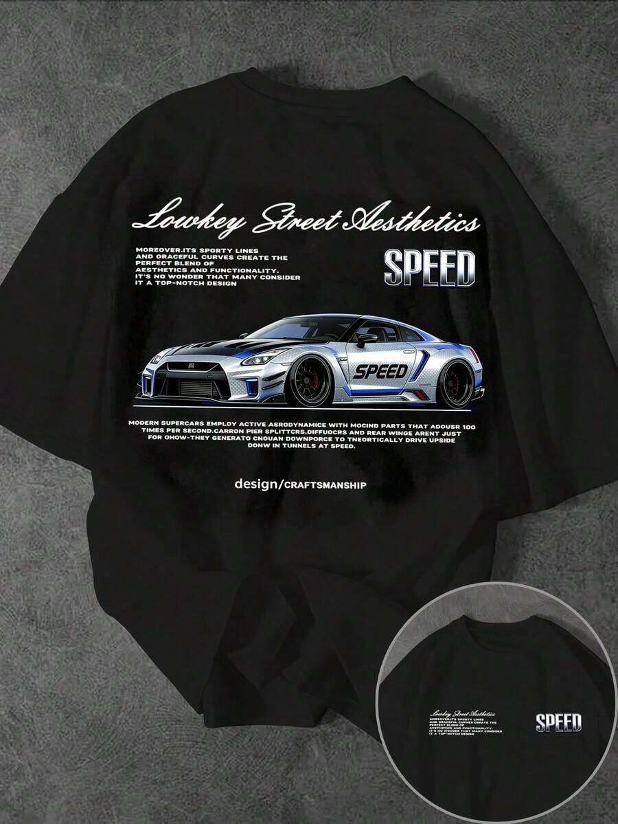 Camiseta casual de cuello redondo de manga corta con estampado de lema y coche de carreras para hombres - Gris - Ver 1