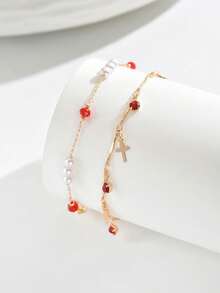 Bộ 2 chiếc vòng chân hình thánh giá pha lê đỏ, kiểu dáng thường ngày, đa năng, phù hợp cho nữ giới đeo hàng ngày và trong các dịp lễ hội. - Vàng - Xem 3