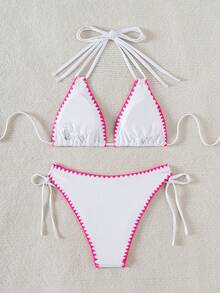 Women's Summer Beach Patchwork Halter Tie Sexy Bikini And Triangle Briefs Swimwear Set Vacation - White 1 - View 3