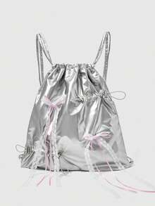 2026 New Fashion Silver Drawstring Backpack, Large Capacity Women Backpack With Polka Dot Drawstring, Suitable For Casual, Sports, Shopping - Silver - View 6