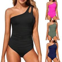 Women's One-Piece, One-Shoulder Swimsuit, Form-Fitting, Sexy, Solid Color With Open Back - Dark Blue - View 2