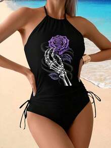 Women's 2026 Summer Gothic Swimwear – Skeleton Hand Print Tankini Set, Two‑Piece Modest Swimsuit With Tummy Control, Drawstring Halter Neck, Beach, Resort, And Holiday Outfits, Dark Aesthetic Fashion - Black - View 1