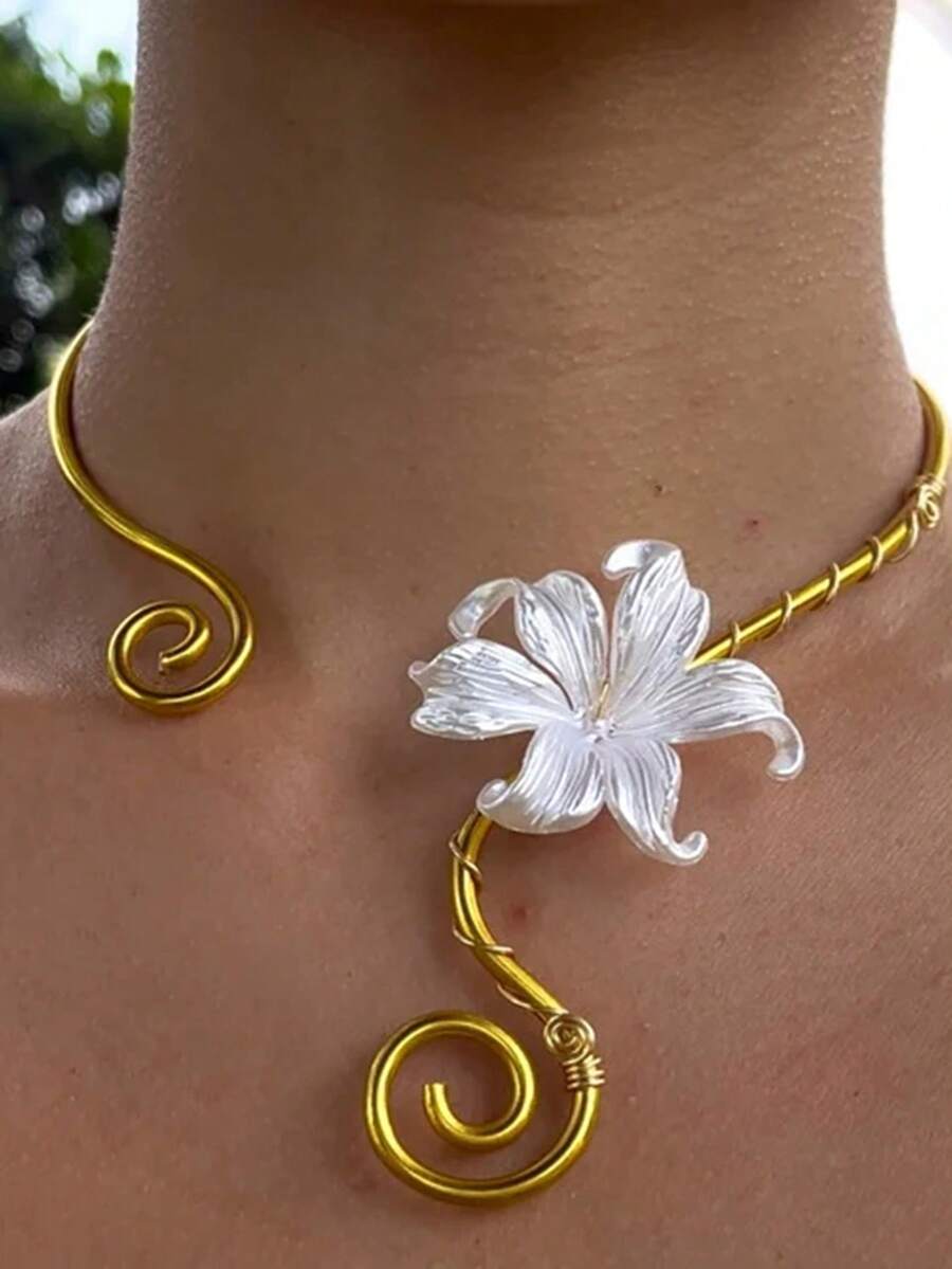 1件独特时尚螺旋虹彩鸢尾花可调节颈链，优雅3D缠绕花卉螺旋可调节项链配饰，适合女性日常和正式场合佩戴 - 金色 - 查看 1