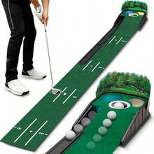 Práctica de Putting de Golf Tapete Portátil de Golf con con Sistema de Retorno de Bola Doble Pista Panel Panorámico Desmontable Diseño Hundimiento Arena y Charco Simulados para Interior y Exterior - Verde - Ver 8