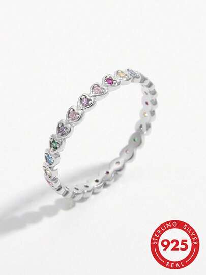 1 pieza Anillo elegante y minimalista con diseño de corazón colorido de circonita cúbica de plata 925, accesorio romántico para mujer para fiesta/cita, regalo del Día de San Valentín