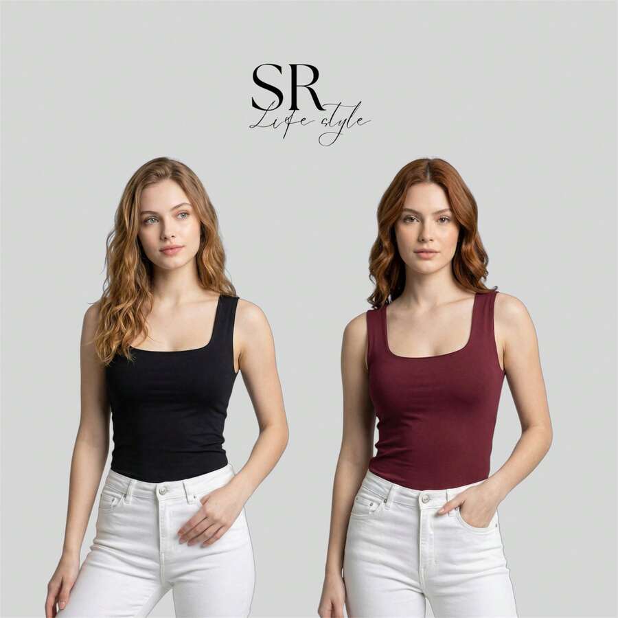 Set Of 2 Women's Premium Square Neck Tank Tops For Summer Fashion - 黑/酒紅色 - 查看 1