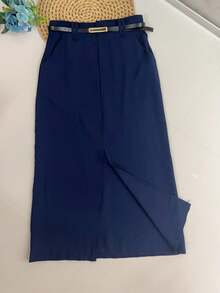 Midi Skirt With Belt High Waist Slit - Navy Blue - View 2