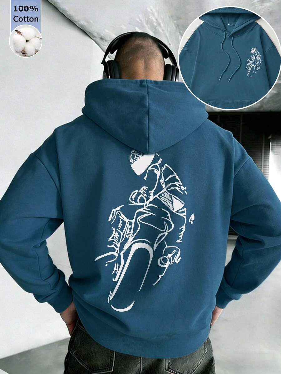 男士棉質孔雀藍上衣,酷炫街頭風摩托車騎士印花設計,寬鬆版型連帽衫 - 孔雀藍 - 查看 1