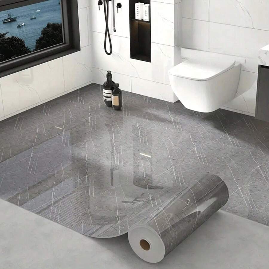 Waterproof Gray Marble Peel And Stick Floor Tile For Bathroom Kitchen, Glossy Self Adhesive Vinyl Floor Plank, Easy Install Removable Wear Resistant For Home Renovation