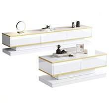 Modern TV Unit And Coffee Table Set In Glossy White, TV Console With 3 Drawers, Coffee Table With 2 Drawers, Gold Details, For Living Room, TV Table And Coffee Table. - White - View 11