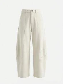 Calça cargo feminina casual estilo retrô americano, com pernas largas e modelagem flare, comprimento até o tornozelo, jeans de cor sólida que afina a silhueta, com bolsos e fechamento em zíper para uso diário. - Bege - Ver 5