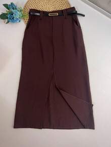Midi Skirt With Belt High Waist Slit - 巧克力棕 - 查看 5