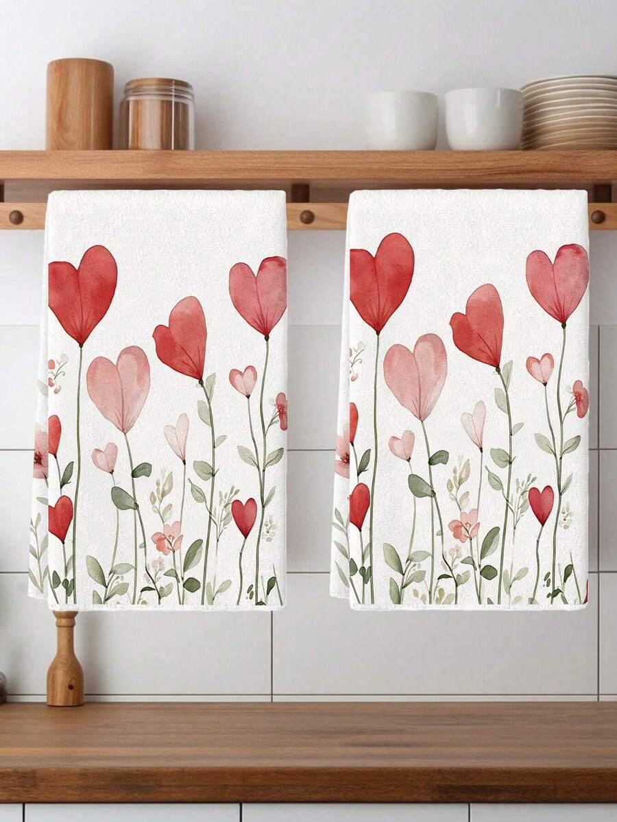 Bộ 2 khăn lau bếp họa tiết hoa mùa xuân, khăn tay bằng polyester với họa tiết trái tim, khăn lau bát đĩa dệt siêu mềm, có thể giặt máy, lý tưởng làm quà tặng ngày lễ và trang trí nhà cửa. - Nhiều màu - Xem 1