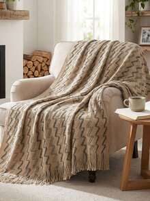 1 chiếc chăn dệt kim màu kaki, chăn ngủ thông thường có tua rua dùng cho giường, phòng khách, ghế sofa, ghế tựa. - Sợi AB màu kaki - Xem 5