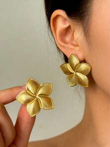 1 paire de boucles d'oreilles fleur à cinq pétales en or mat - port quotidien, chic décontracté, cadeau, mariage, fête - Multicolore - Voir 1