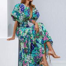 2026 Spring New Women's Clothing, Cross-Border European And American Dresses, Fashionable Waist Slim Print Pleated Dress - 圖片色 - 查看 5