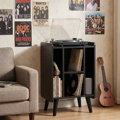  GOFLAME Turntable Stand With Integrated Charger, 4-Shelf Vinyl Record Holder, USB & Outlet For Living Room