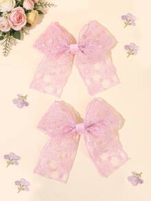 2pcs Pink Lace Hair Bows For Girls Flower Decor Hair Clips Solid Color Short Tail Alligator Clips Elegant Simple Wedding Barrettes Vacation Party Summer Daily Gift Festival Hairpins Teens Hair Accessories - Pink - View 9