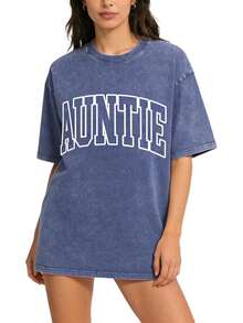 Summer TopsWomen Vintage Oversized Auntie Shirts Funny Aunt Tshirts Gifts For Auntie Acid Wash Baggy Tee TopLoose And Comfortablesummer Clothes  Vacat - 皇家藍 - 查看 2