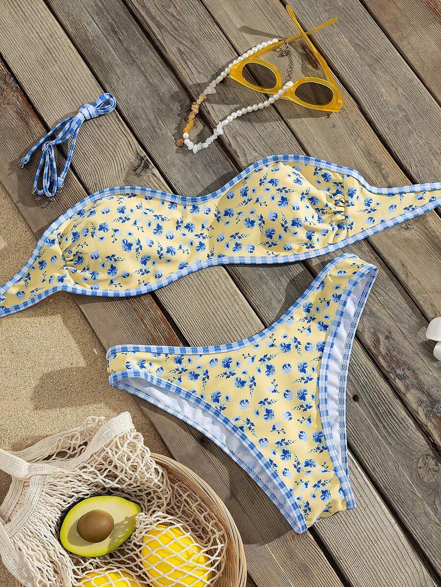 Bộ bikini quây 2 mảnh màu hồng in hoa dành cho nữ, dây đeo có thể tháo rời, thích hợp cho kỳ nghỉ trên đảo và chụp ảnh trên bãi biển. - Nhiều màu - Xem 1