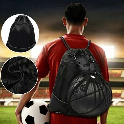 Bộ sản phẩm gồm ba lô, túi lưới đựng bóng riêng, túi tập luyện bằng nylon màu đen, cặp đựng laptop và máy tính bảng, túi dây rút đựng mũ bảo hiểm, túi đeo vai có dây rút, phù hợp cho học sinh chơi thể thao ngoài trời, đạp xe, bóng đá, bóng rổ, bóng chuyền và các môn thể thao khác.