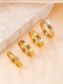 Set de 4 anillos de acero inoxidable con cruces y corazones de lujo con rhinestones geométricos, adecuados para combinar a diario y como regalo (sin caja de regalo) - Juego de anillos - Ver 9