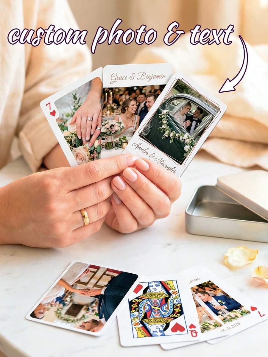 Custom Wedding Photo Playing Cards,Personalized Wedding Poker Cards,Custom Text Wedding Deck Of Cards,Personalized Photo Playing Cards With Box,High Quality,Glossy Finish,Durable,Portable,Reusable, - Multicolor - View 1