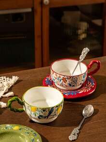 French Retro Contrast Color Leaf Ceramic Coffee Cup & Saucer Set. Handpainted, Heatproof Afternoon Tea Cup Suitable For Catering, Banquet, Wedding Favors - Multicolor - View 1