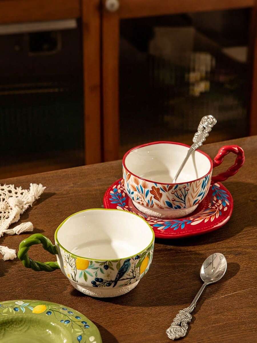 French Retro Contrast Color Leaf Ceramic Coffee Cup & Saucer Set. Handpainted, Heatproof Afternoon Tea Cup Suitable For Catering, Banquet, Wedding Favors - Multicolor - View 1