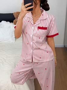 Dreamivo Striped Heart Print Women Short Sleeve Pajama Set - Pink - View 3