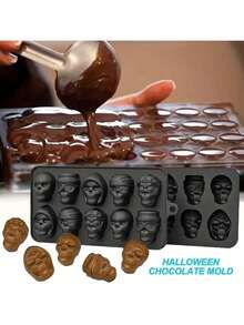 1 pieza Molde de silicona con 5 formas diferentes de calavera para chocolate de Halloween, incluye un set 2 en 1 con molde para caramelos de gelatina - Ver 2