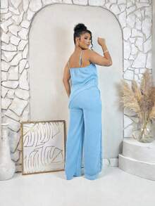 Elegant Symmetrical Wide-Leg Pants Set. Fabric: Faux Buttons. Women's: Beach, Evening, Wedding, Summer. - Màu xanh nhạt - Xem 2
