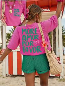 春夏女士西語 More Amor Por Favor 愛心印花 T 卹,100%棉女式T卹，summer clothes，plus size夏季上衣，K-Pop戰士系列，純棉上衣，女裝服飾，女式夏裝，針織服飾，派對裝束，大碼女裝，大碼女式圓領上衣，閨蜜裝，度假服飾，休閒運動裝，優雅上衣，女士運動裝,頂部女裝，促銷女裝，男女同款，青少年裝、基本款T卹，夏季女裝，柔軟舒適，夏季、春季、冬季、復活節、聚會、海灘、婚禮、畢業典禮、優雅、休閒、度假、運動、正式、千禧年、商務、亮片、流蘇、褶邊、波點、花卉、圖案、豹紋 - 玫紅色 - 查看 1