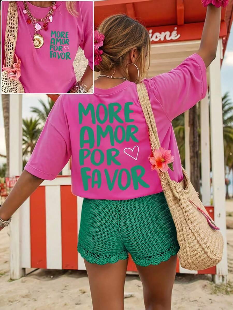 春夏女士西語 More Amor Por Favor 愛心印花 T 卹,100%棉女式T卹，summer clothes，plus size夏季上衣，K-Pop戰士系列，純棉上衣，女裝服飾，女式夏裝，針織服飾，派對裝束，大碼女裝，大碼女式圓領上衣，閨蜜裝，度假服飾，休閒運動裝，優雅上衣，女士運動裝,頂部女裝，促銷女裝，男女同款，青少年裝、基本款T卹，夏季女裝，柔軟舒適，夏季、春季、冬季、復活節、聚會、海灘、婚禮、畢業典禮、優雅、休閒、度假、運動、正式、千禧年、商務、亮片、流蘇、褶邊、波點、花卉、圖案、豹紋 - 玫紅色 - 查看 1