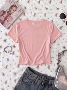 Summer New Casual Round Neck Short Sleeve Waist Fitted T-Shirt, Fashionable Versatile Womens Top - Pink - View 4