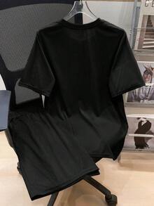 2 peças/conjunto Conjunto de top de manga curta e shorts com logo da marca, casual, folgado e confortável para adolescentes meninos, primavera/verão - Preto - Visão 2