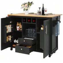 Kitchen Island Unit Measuring 120 X 73 (45) X 92 Cm, Kitchen Cabinet, Kitchen Trolley And Folding Worktop With Towel Rack, Spice Rack, Door Shelf, Bottle Rack And Adjustable Shelves, White/Black - 黑色 - 查看 5
