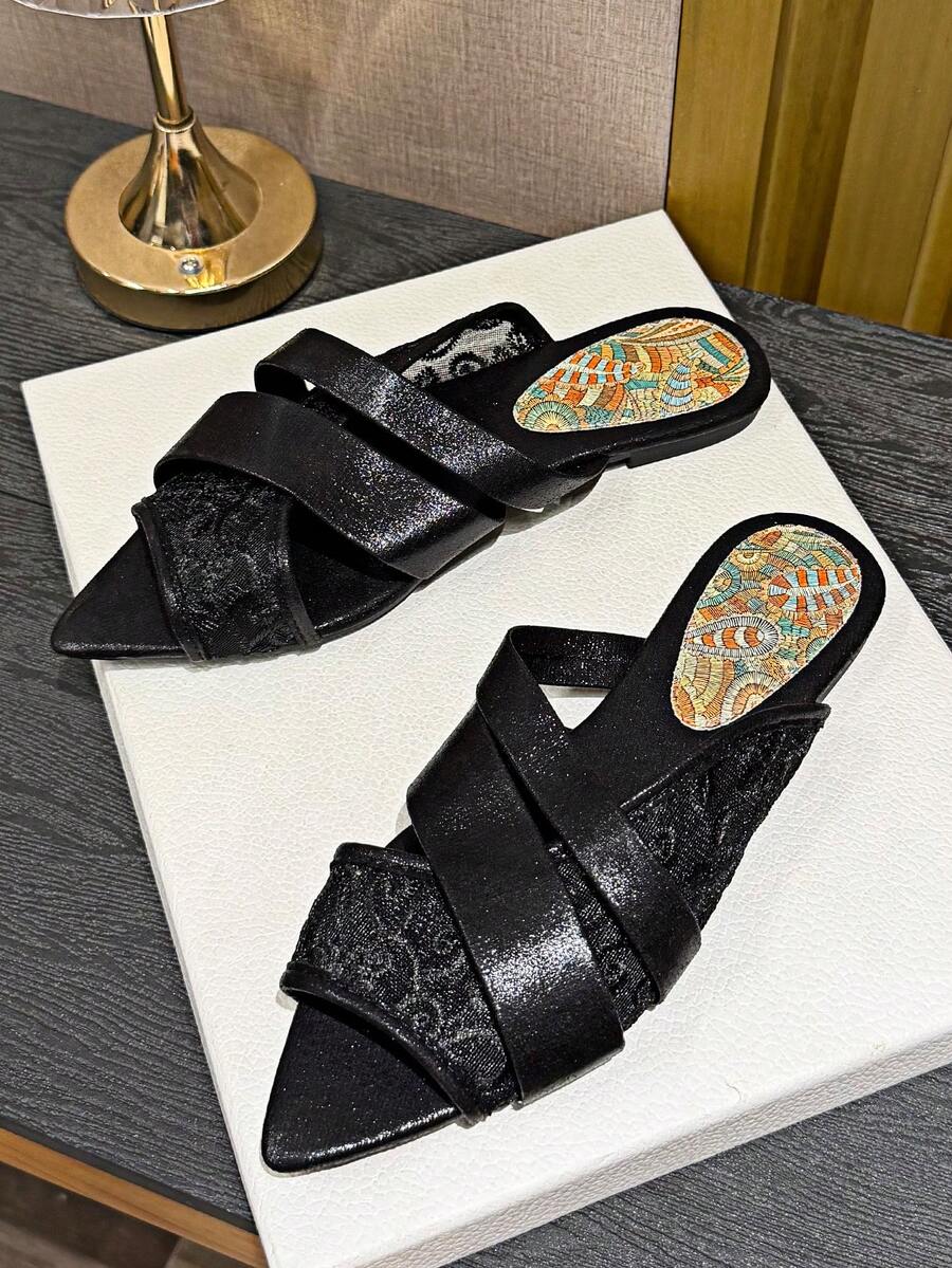 New Chinese Style Golden Criss-Cross Strap Sandals, Elegant Net Embroidery Flat Mules For Summer Outdoor Wear,Beach Shoes - Black - View 1