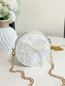 1 pieza Bolso redondo de pastel para niña, bolso bandolera con cadena de perlas y lazo de encaje, cierre con cremallera, bolso redondo mini dulce, apto para uso diario en todas las estaciones - A - Ver 12