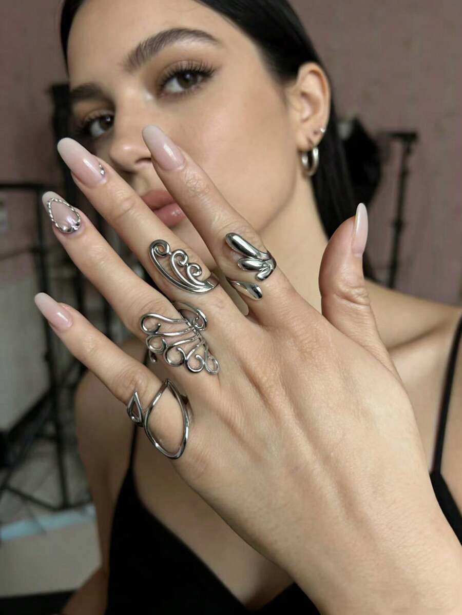 1 Set de Anillos Versátiles de Acero Inoxidable, Adecuados para Uso Diario para Mujeres - Plateado - Ver 1