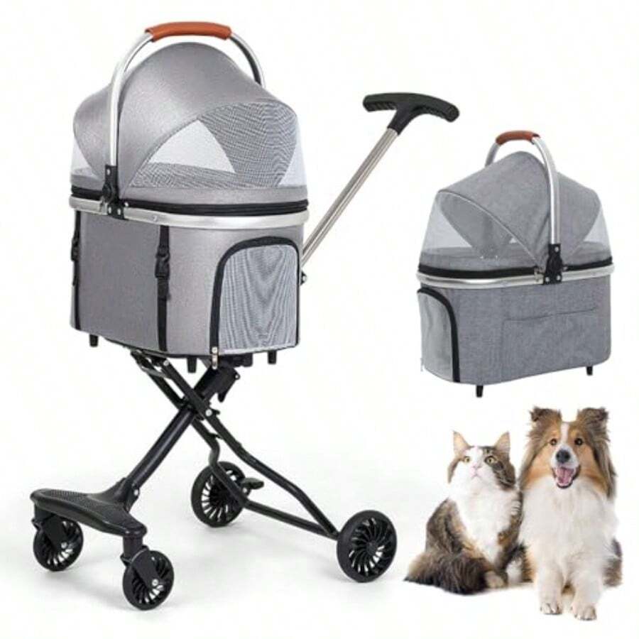 Carreola para Mascotas Plegable y Ligera - Cochecito Portátil con Transportín Desmontable para Perros y Gatos Ideal para Viajes Caminatas y Compras hasta 15 kg de Capacidad - Gris - Ver 1