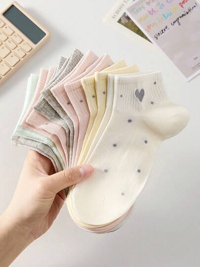 5 Pairs Women's Cute Sweet Breathable Heart & Polka Dot Pattern Ankle Socks, Invisible Socks, White Socks, Pink Socks, Suitable For Casual Daily Wear, All Season