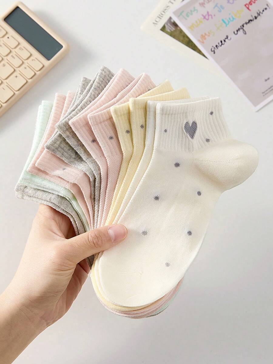 5 Pairs Women's Cute Sweet Breathable Heart & Polka Dot Pattern Ankle Socks, Invisible Socks, White Socks, Pink Socks, Suitable For Casual Daily Wear, All Season - Multicolor - View 1